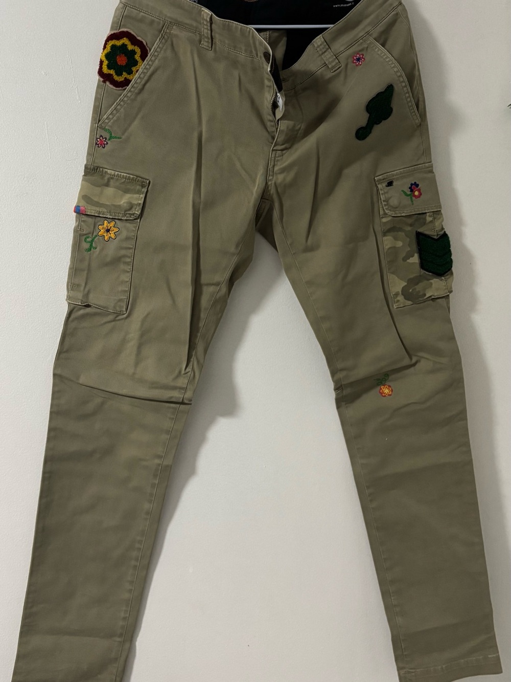 Mason Olive Cargo Pants with Floral & Patch Details